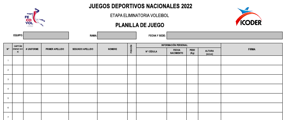 Planilla de Juego – Eliminatorias JDN Voleibol 2022