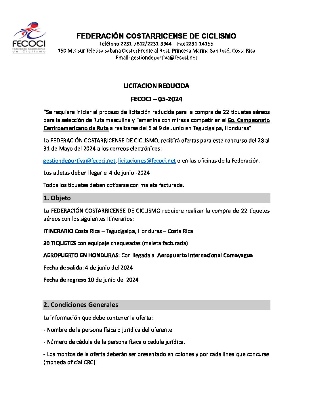 Licitación reducida para la compra de 22 tiquetes aéreos para la Selección de Ruta con miras al centroamericano