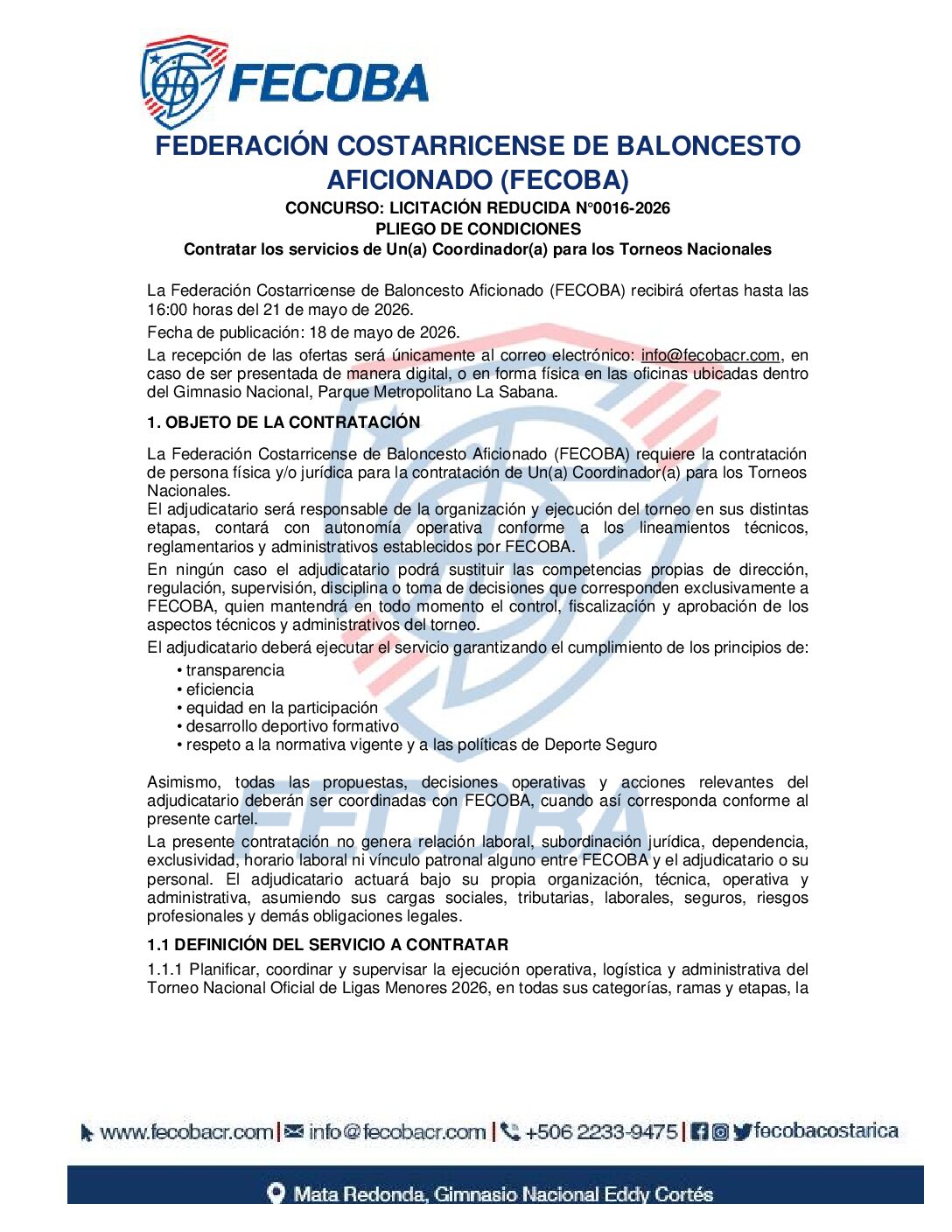 LICITACIÓN REDUCIDA N°0016-2026 PLIEGO DE CONDICIONES