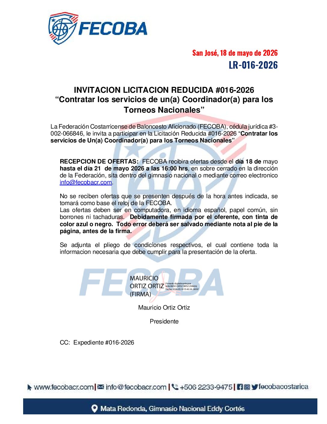 Contratar los servicios de un(a) Coordinador(a) para los  Torneos Nacionales