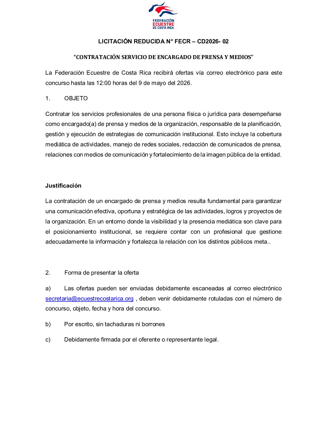 LICITACIÓN REDUCIDA N° FECR – CD2026- 02“CONTRATACIÓN SERVICIO DE ENCARGADO DE PRENSA Y MEDIOS