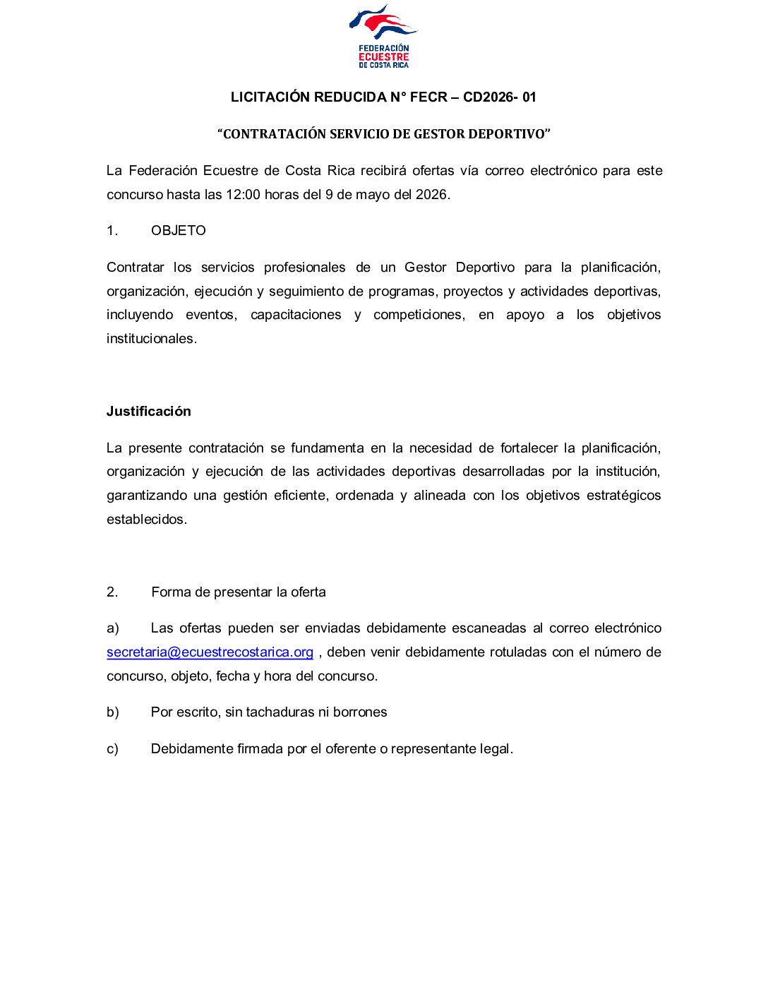 LICITACIÓN REDUCIDA N° FECR – CD2026- 01“CONTRATACIÓN SERVICIO DE GESTOR DEPORTIVO