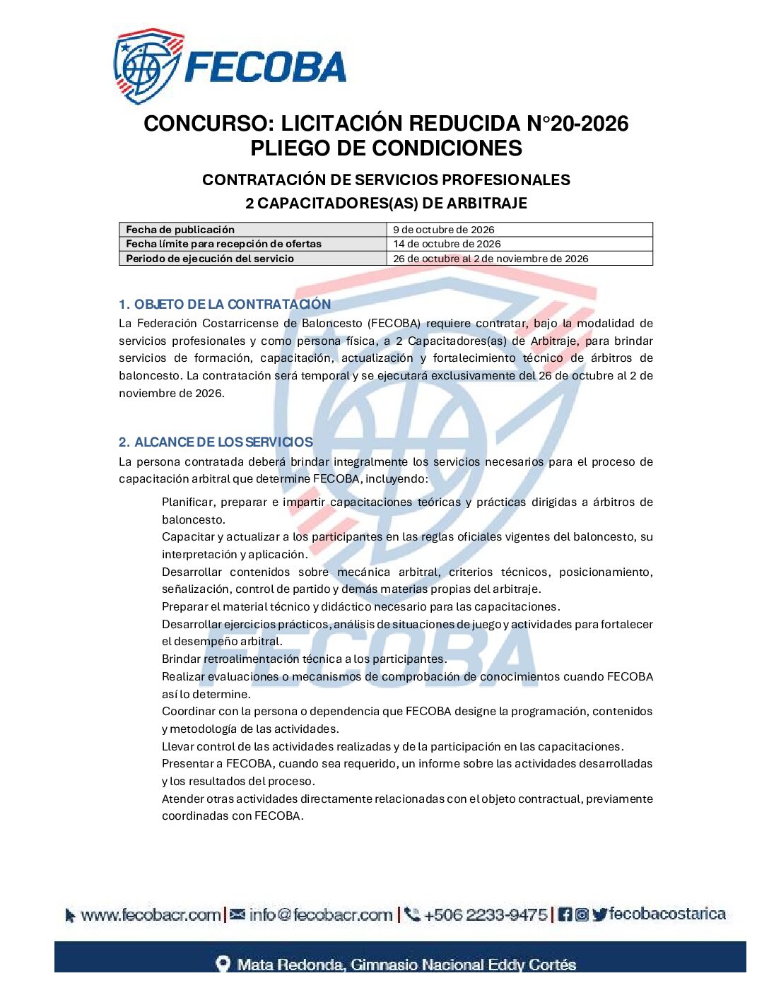 CONCURSO: LICITACIÓN REDUCIDA N°20-2026 PLIEGO DE CONDICIONES