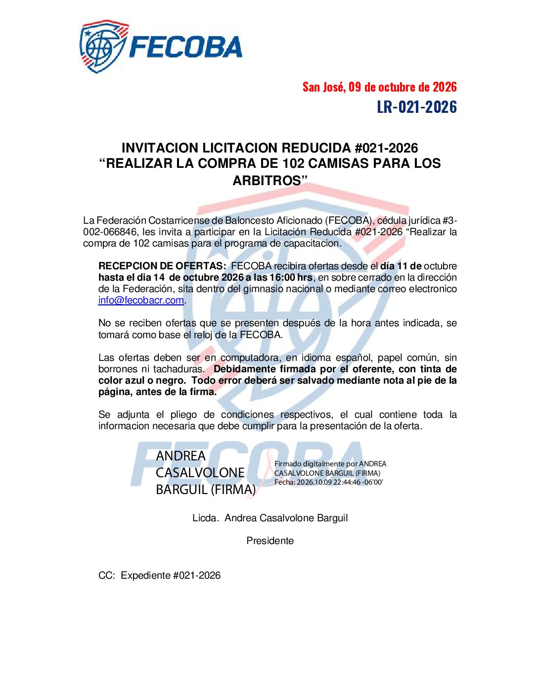 INVITACION LICITACION REDUCIDA #021-2026 “REALIZAR LA COMPRA DE 102 CAMISAS PARA LOS ARBITROS”