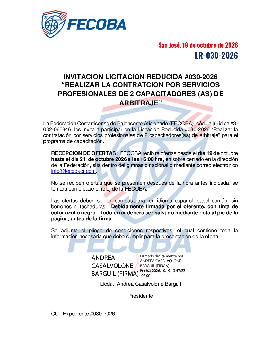 INVITACION LICITACION REDUCIDA #030-2026  “REALIZAR LA CONTRATCION POR SERVICIOS  PROFESIONALES DE 2 CAPACITADORES (AS) DE  ARBITRAJE”
